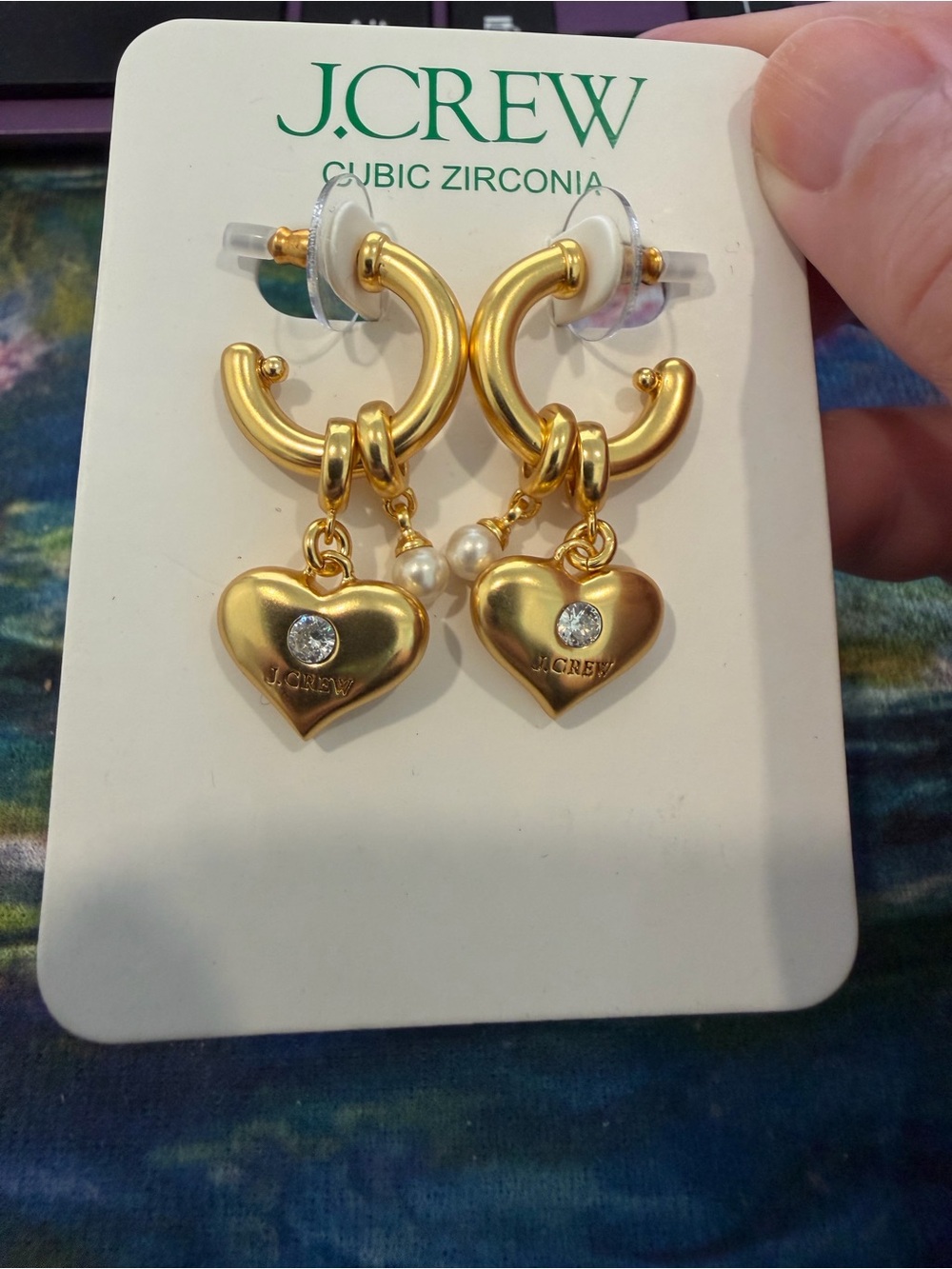 NWT J.CREW MATTE GOLD HEART PEARL CUBIC ZIRCONIA EARRINGS NEW